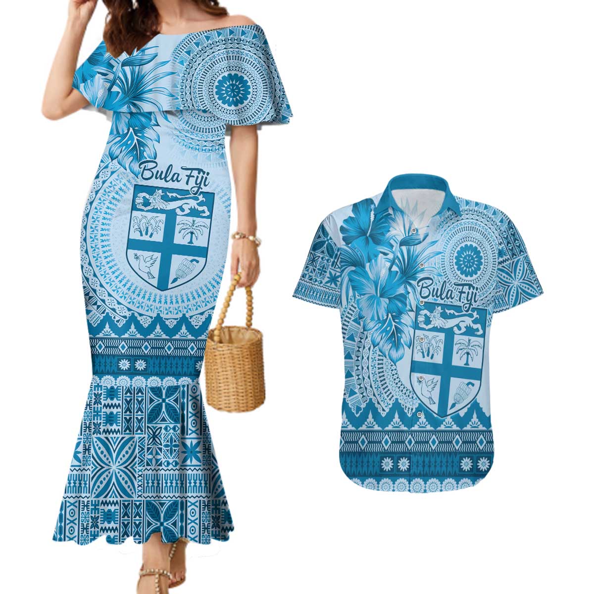 Vintage Bula Fiji Personalised Couples Matching Mermaid Dress and Hawaiian Shirt Blue Hibiscus Tapa Pattern LT9 Blue - Polynesian Pride