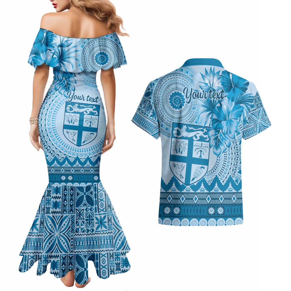 Vintage Bula Fiji Personalised Couples Matching Mermaid Dress and Hawaiian Shirt Blue Hibiscus Tapa Pattern LT9 - Polynesian Pride