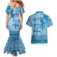 Vintage Bula Fiji Personalised Couples Matching Mermaid Dress and Hawaiian Shirt Blue Hibiscus Tapa Pattern LT9 - Polynesian Pride
