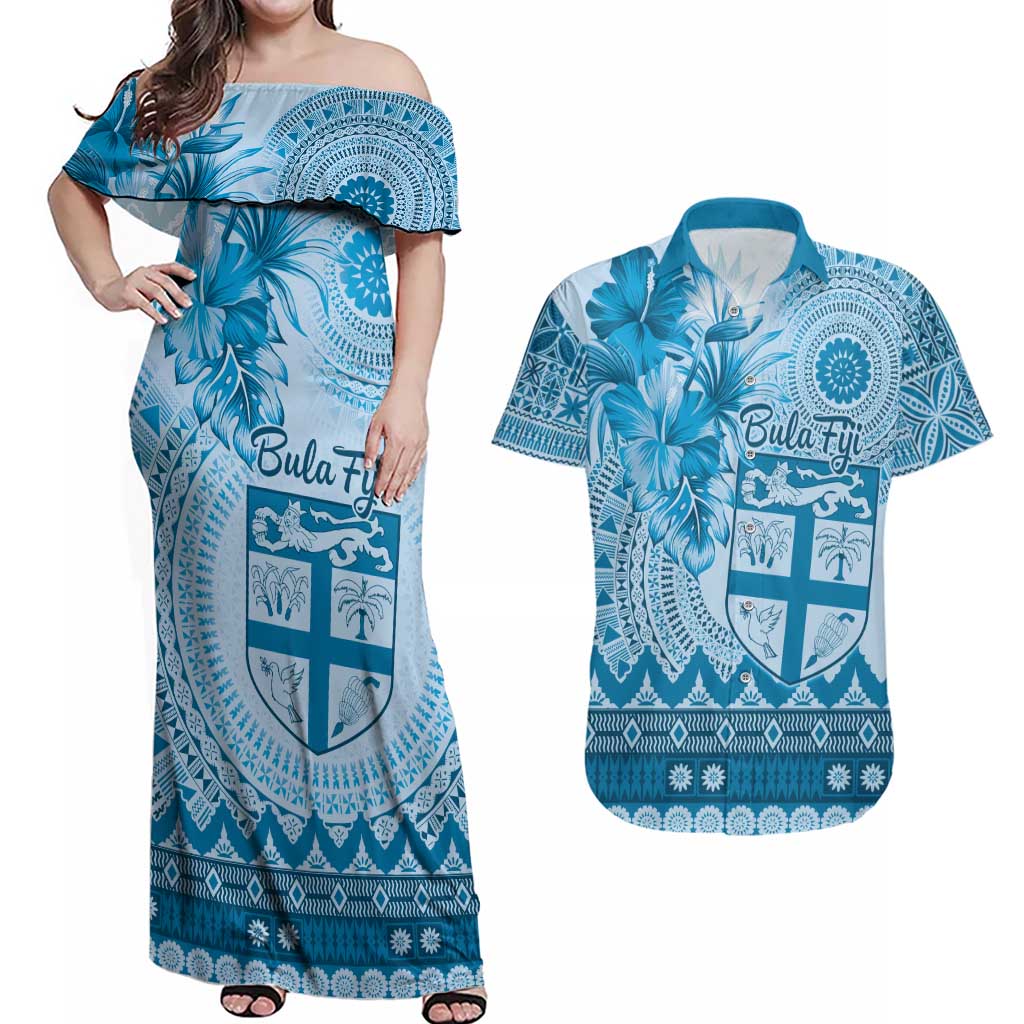 Vintage Bula Fiji Personalised Couples Matching Off Shoulder Maxi Dress and Hawaiian Shirt Blue Hibiscus Tapa Pattern LT9 Blue - Polynesian Pride