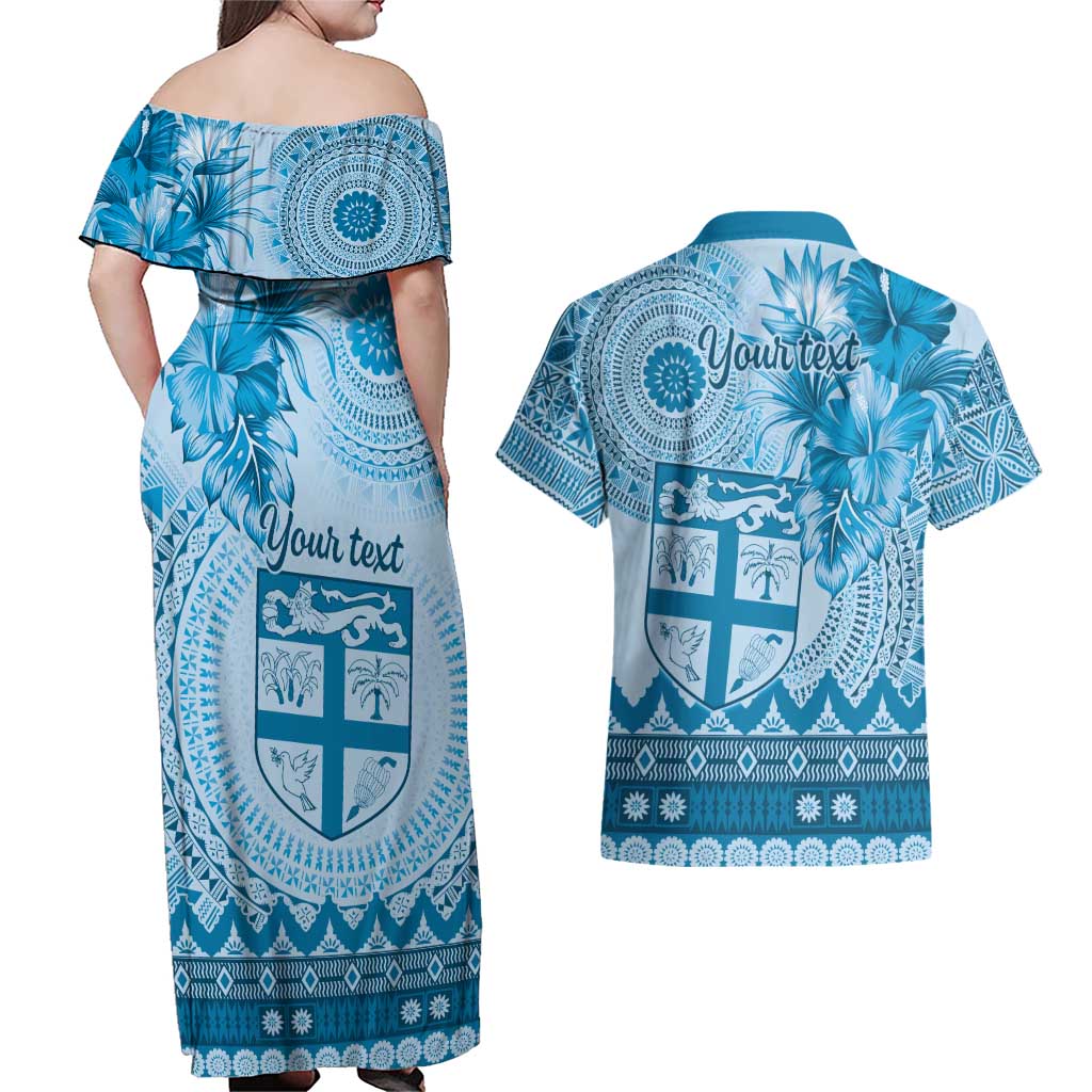 Vintage Bula Fiji Personalised Couples Matching Off Shoulder Maxi Dress and Hawaiian Shirt Blue Hibiscus Tapa Pattern LT9 - Polynesian Pride