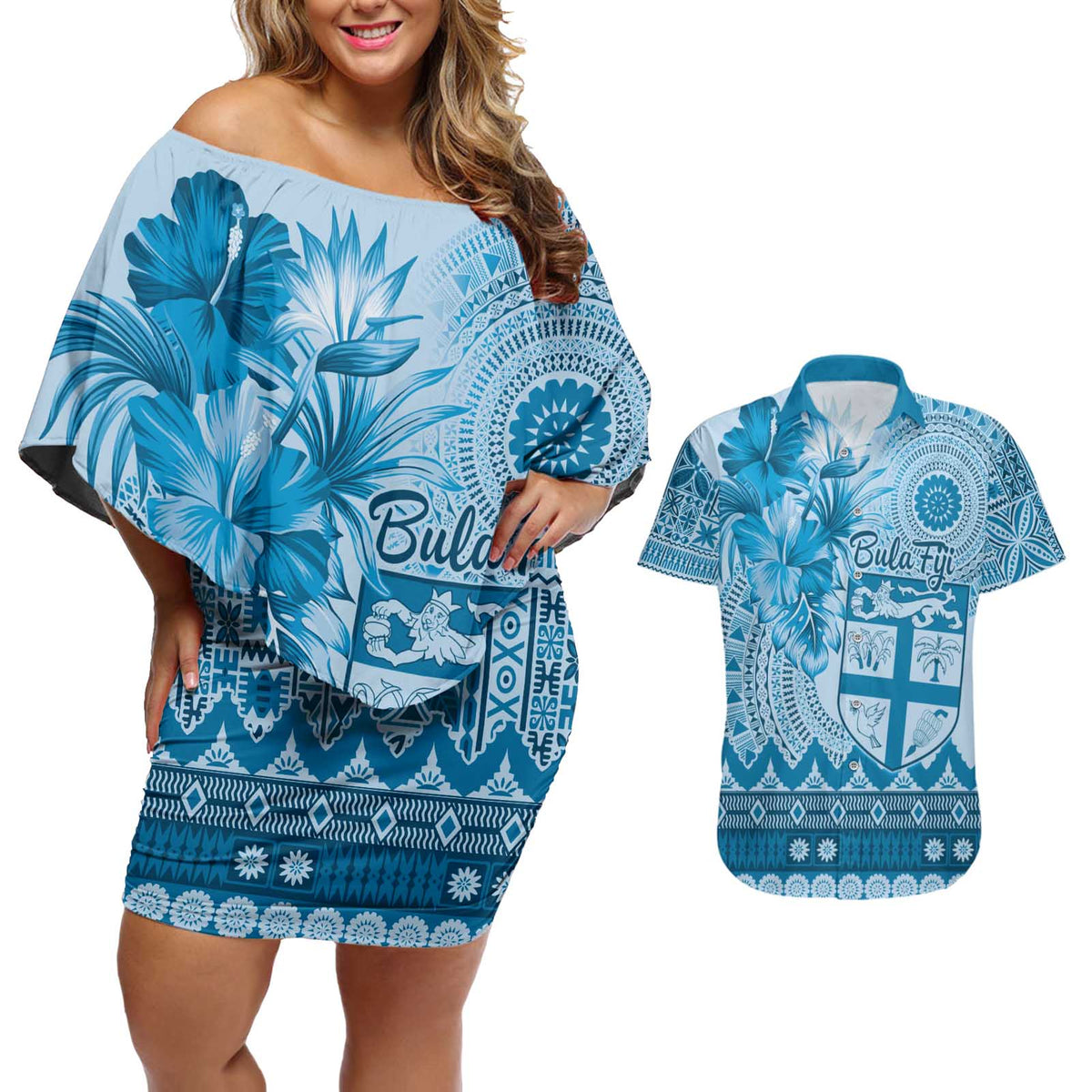 Vintage Bula Fiji Personalised Couples Matching Off Shoulder Short Dress and Hawaiian Shirt Blue Hibiscus Tapa Pattern LT9 Blue - Polynesian Pride