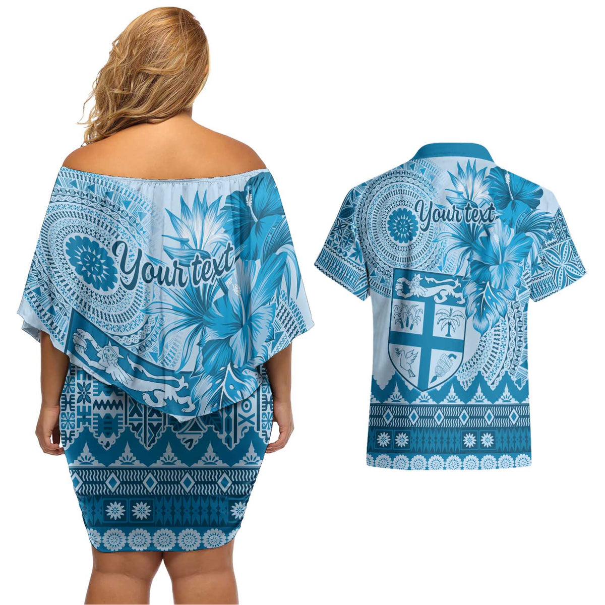 Vintage Bula Fiji Personalised Couples Matching Off Shoulder Short Dress and Hawaiian Shirt Blue Hibiscus Tapa Pattern LT9 - Polynesian Pride