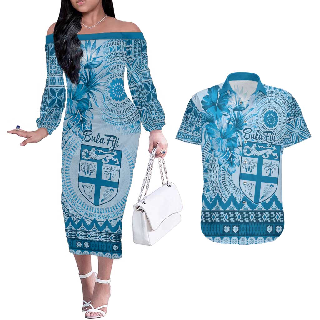 Vintage Bula Fiji Personalised Couples Matching Off The Shoulder Long Sleeve Dress and Hawaiian Shirt Blue Hibiscus Tapa Pattern LT9 Blue - Polynesian Pride