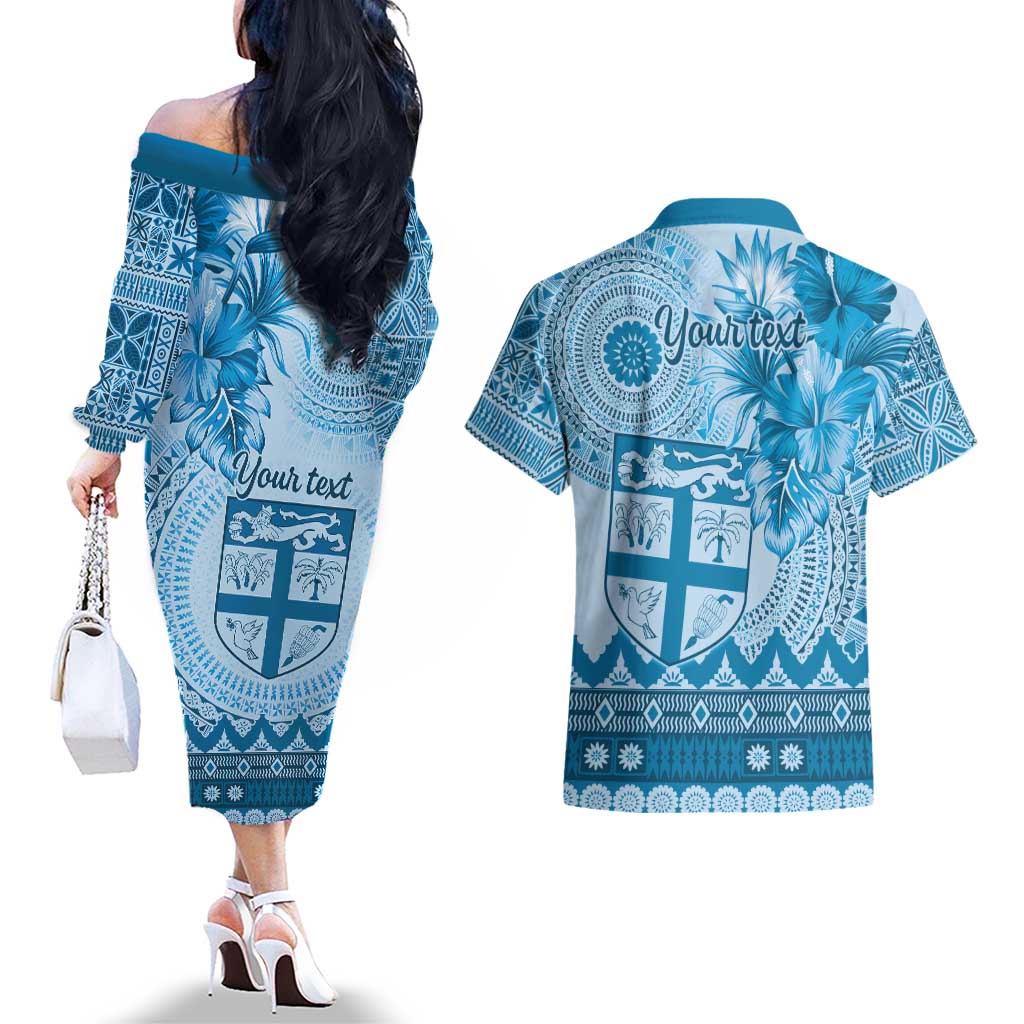 Vintage Bula Fiji Personalised Couples Matching Off The Shoulder Long Sleeve Dress and Hawaiian Shirt Blue Hibiscus Tapa Pattern LT9 - Polynesian Pride