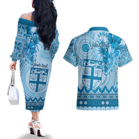 Vintage Bula Fiji Personalised Couples Matching Off The Shoulder Long Sleeve Dress and Hawaiian Shirt Blue Hibiscus Tapa Pattern LT9 - Polynesian Pride