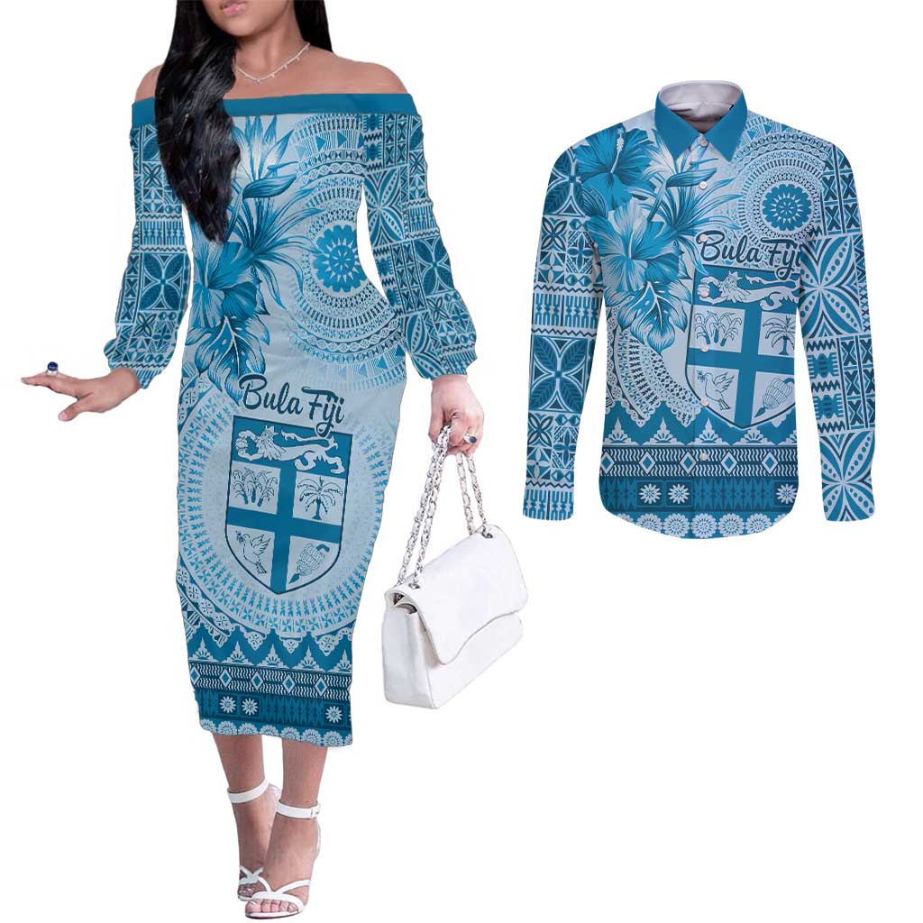Vintage Bula Fiji Personalised Couples Matching Off The Shoulder Long Sleeve Dress and Long Sleeve Button Shirt Blue Hibiscus Tapa Pattern LT9 Blue - Polynesian Pride