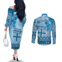 Vintage Bula Fiji Personalised Couples Matching Off The Shoulder Long Sleeve Dress and Long Sleeve Button Shirt Blue Hibiscus Tapa Pattern LT9 - Polynesian Pride