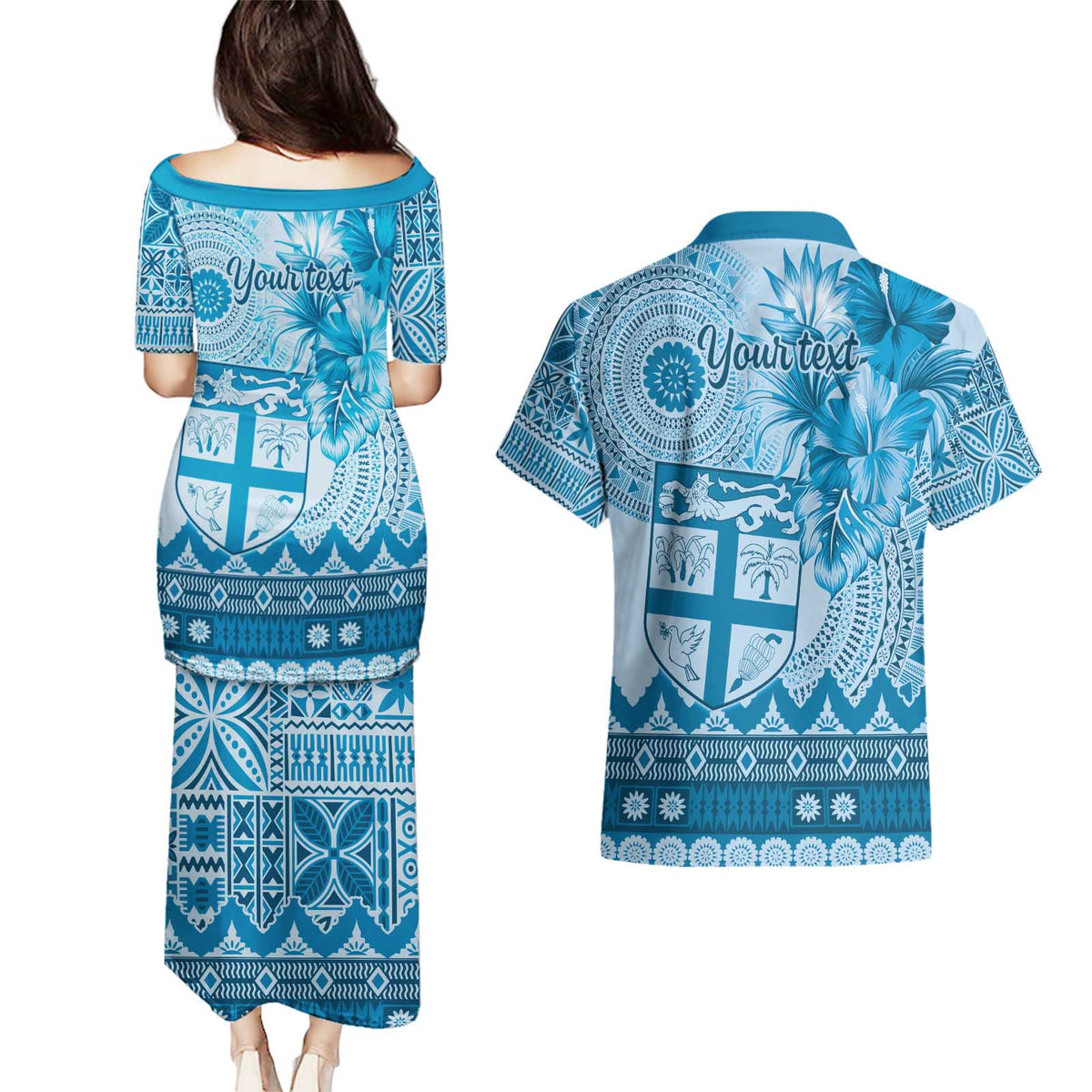 Vintage Bula Fiji Personalised Couples Matching Puletasi and Hawaiian Shirt Blue Hibiscus Tapa Pattern