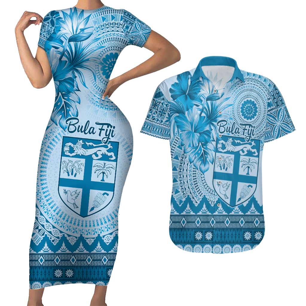 Vintage Bula Fiji Personalised Couples Matching Short Sleeve Bodycon Dress and Hawaiian Shirt Blue Hibiscus Tapa Pattern LT9 Blue - Polynesian Pride