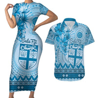 Vintage Bula Fiji Personalised Couples Matching Short Sleeve Bodycon Dress and Hawaiian Shirt Blue Hibiscus Tapa Pattern LT9 Blue - Polynesian Pride