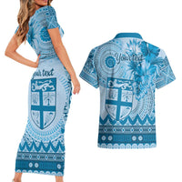 Vintage Bula Fiji Personalised Couples Matching Short Sleeve Bodycon Dress and Hawaiian Shirt Blue Hibiscus Tapa Pattern LT9 - Polynesian Pride