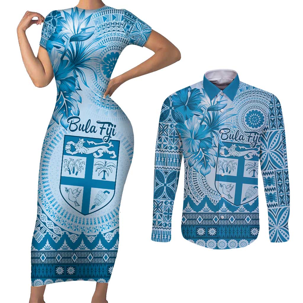 Vintage Bula Fiji Personalised Couples Matching Short Sleeve Bodycon Dress and Long Sleeve Button Shirt Blue Hibiscus Tapa Pattern LT9 Blue - Polynesian Pride