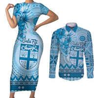 Vintage Bula Fiji Personalised Couples Matching Short Sleeve Bodycon Dress and Long Sleeve Button Shirt Blue Hibiscus Tapa Pattern LT9 Blue - Polynesian Pride