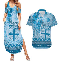 Vintage Bula Fiji Personalised Couples Matching Summer Maxi Dress and Hawaiian Shirt Blue Hibiscus Tapa Pattern LT9 Blue - Polynesian Pride