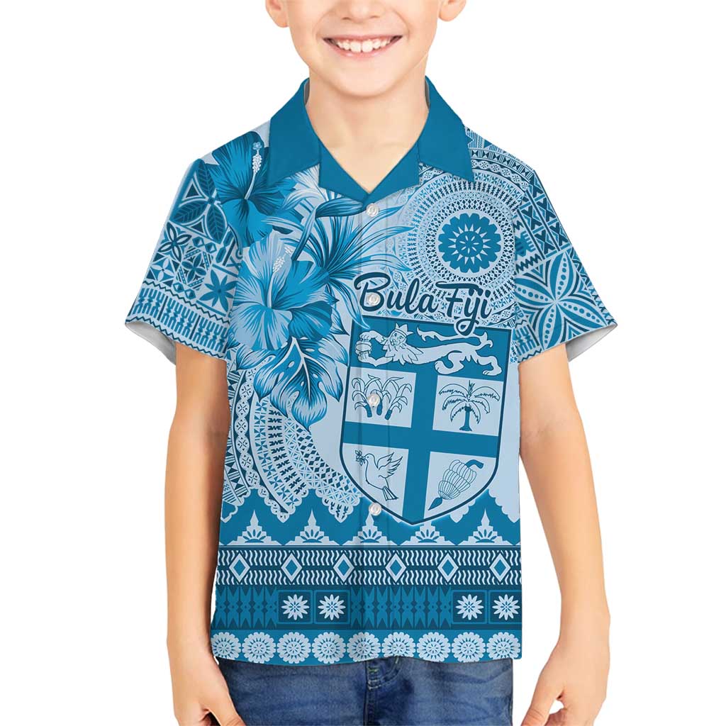 Vintage Bula Fiji Personalised Family Matching Long Sleeve Bodycon Dress and Hawaiian Shirt Blue Hibiscus Tapa Pattern LT9 Son's Shirt Blue - Polynesian Pride