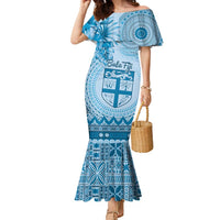 Vintage Bula Fiji Personalised Family Matching Mermaid Dress and Hawaiian Shirt Blue Hibiscus Tapa Pattern LT9 Mom's Dress Blue - Polynesian Pride