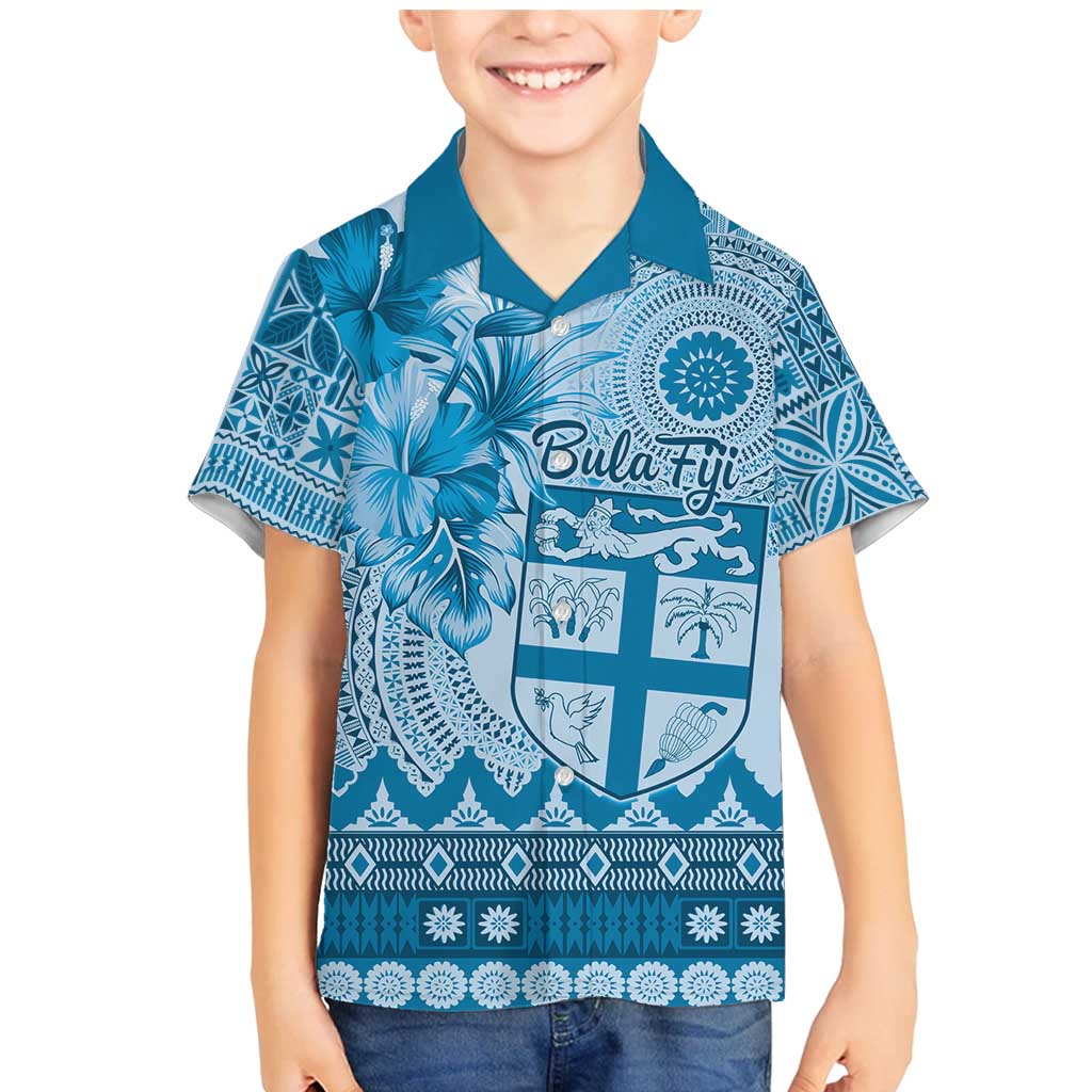 Vintage Bula Fiji Personalised Family Matching Mermaid Dress and Hawaiian Shirt Blue Hibiscus Tapa Pattern LT9 Son's Shirt Blue - Polynesian Pride