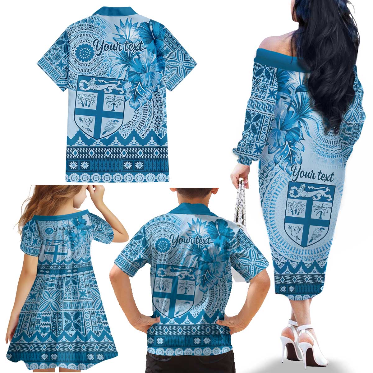 Vintage Bula Fiji Personalised Family Matching Off The Shoulder Long Sleeve Dress and Hawaiian Shirt Blue Hibiscus Tapa Pattern LT9 - Polynesian Pride