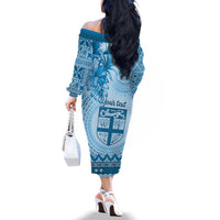 Vintage Bula Fiji Personalised Family Matching Off The Shoulder Long Sleeve Dress and Hawaiian Shirt Blue Hibiscus Tapa Pattern LT9 - Polynesian Pride