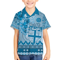 Vintage Bula Fiji Personalised Family Matching Off The Shoulder Long Sleeve Dress and Hawaiian Shirt Blue Hibiscus Tapa Pattern LT9 Son's Shirt Blue - Polynesian Pride