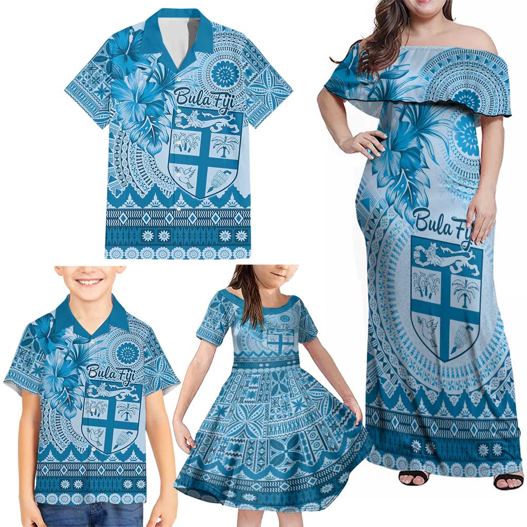 Vintage Bula Fiji Personalised Family Matching Off Shoulder Maxi Dress and Hawaiian Shirt Blue Hibiscus Tapa Pattern LT9 - Polynesian Pride