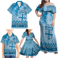 Vintage Bula Fiji Personalised Family Matching Off Shoulder Maxi Dress and Hawaiian Shirt Blue Hibiscus Tapa Pattern LT9 - Polynesian Pride