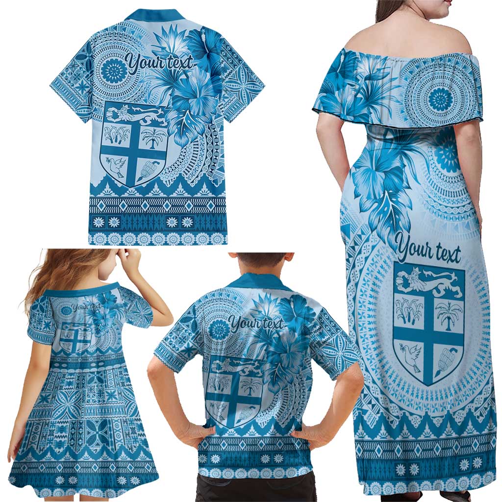 Vintage Bula Fiji Personalised Family Matching Off Shoulder Maxi Dress and Hawaiian Shirt Blue Hibiscus Tapa Pattern LT9 - Polynesian Pride