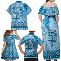 Vintage Bula Fiji Personalised Family Matching Off Shoulder Maxi Dress and Hawaiian Shirt Blue Hibiscus Tapa Pattern LT9 - Polynesian Pride