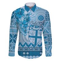 Vintage Bula Fiji Personalised Family Matching Off Shoulder Maxi Dress and Hawaiian Shirt Blue Hibiscus Tapa Pattern LT9 Dad's Shirt - Long Sleeve Blue - Polynesian Pride