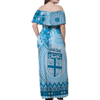 Vintage Bula Fiji Personalised Family Matching Off Shoulder Maxi Dress and Hawaiian Shirt Blue Hibiscus Tapa Pattern LT9 - Polynesian Pride