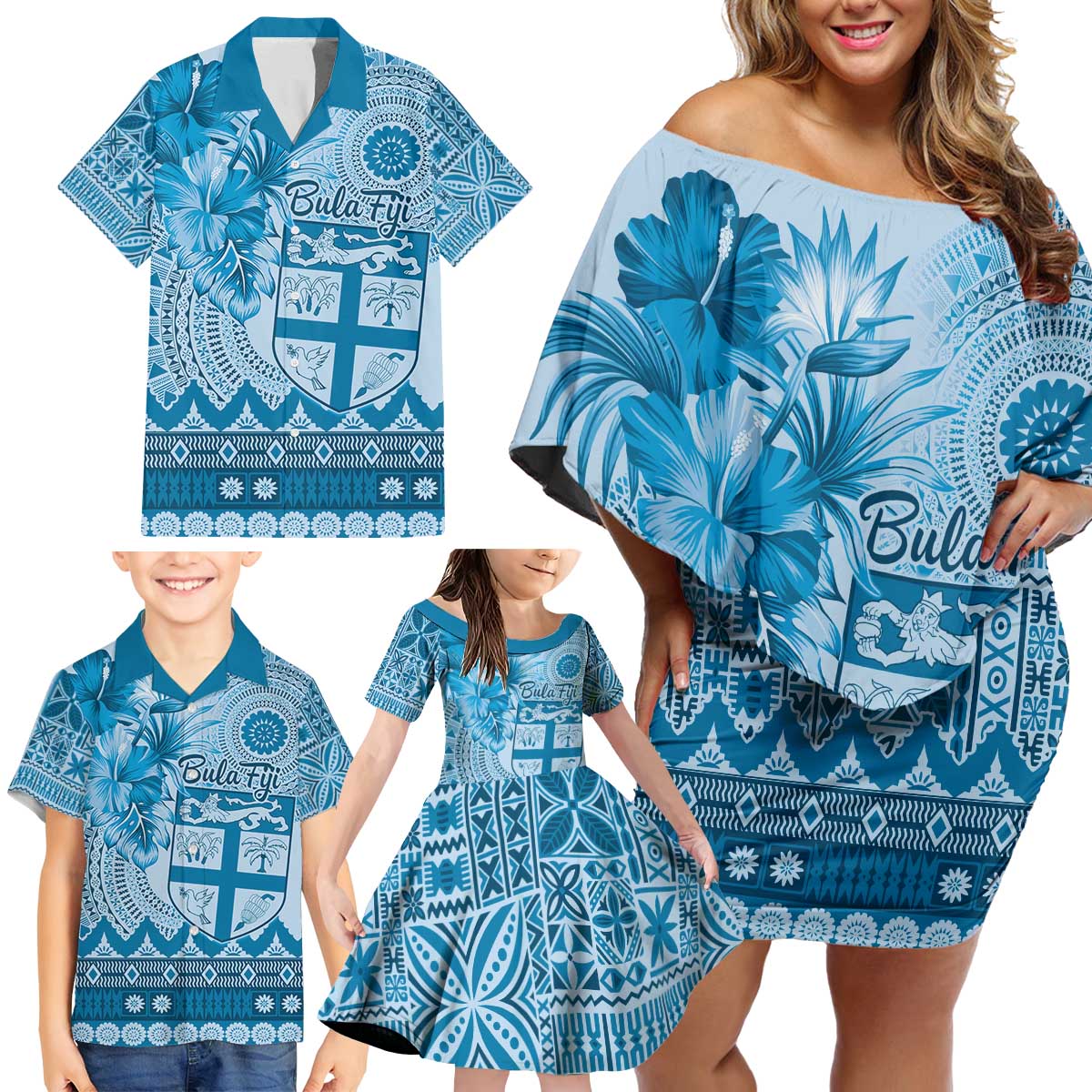 Vintage Bula Fiji Personalised Family Matching Off Shoulder Short Dress and Hawaiian Shirt Blue Hibiscus Tapa Pattern LT9 - Polynesian Pride