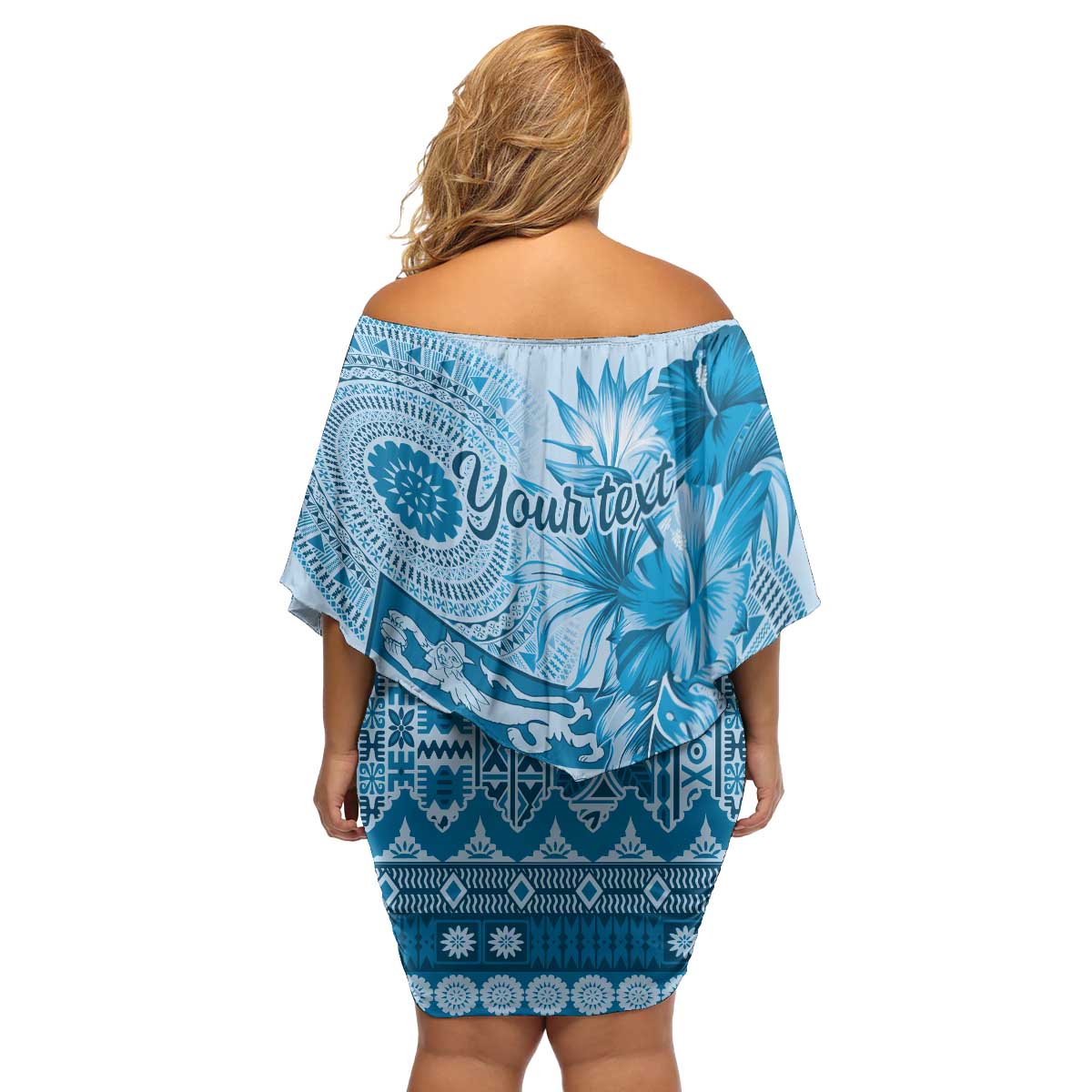 Vintage Bula Fiji Personalised Family Matching Off Shoulder Short Dress and Hawaiian Shirt Blue Hibiscus Tapa Pattern LT9 - Polynesian Pride