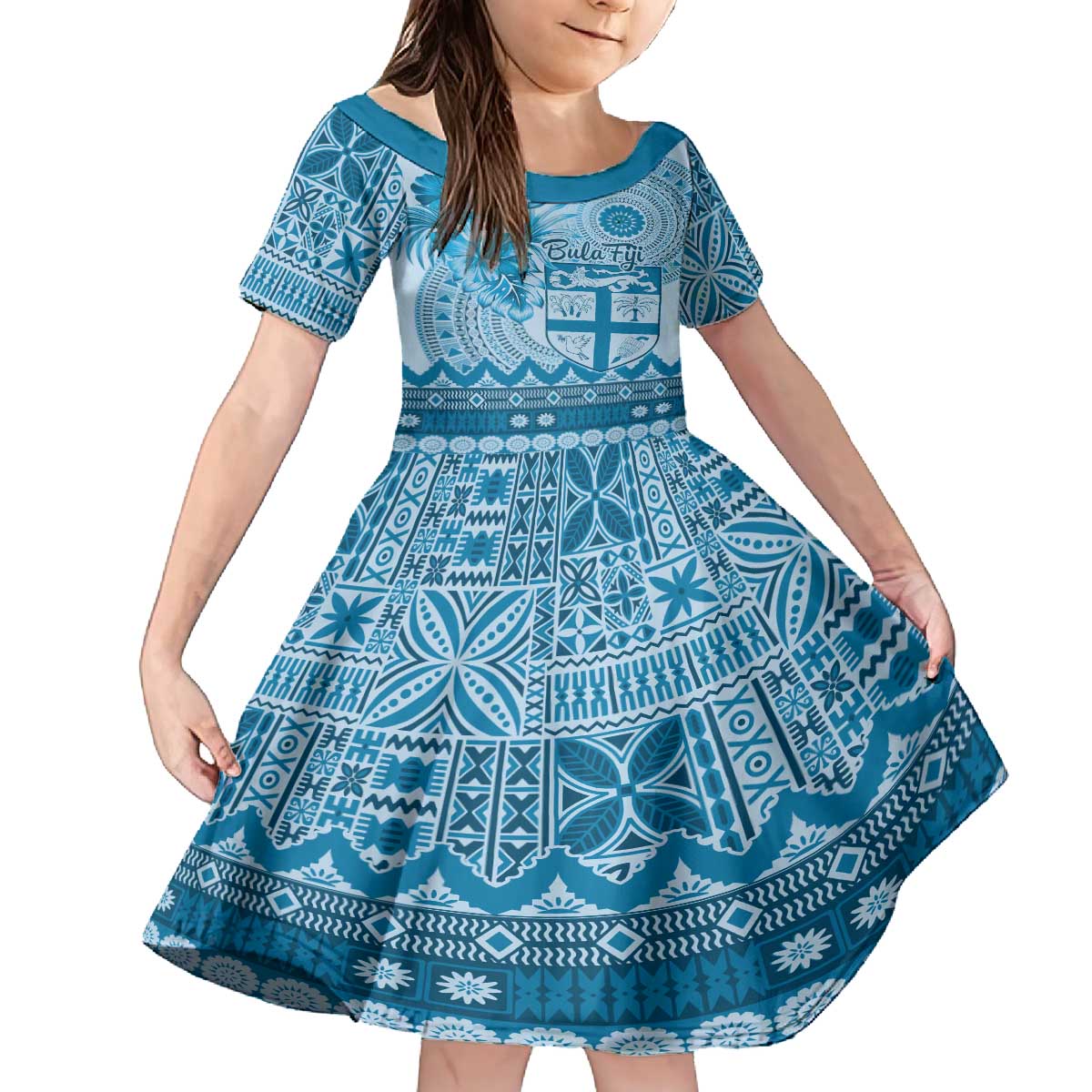 Vintage Bula Fiji Personalised Family Matching Puletasi and Hawaiian Shirt Blue Hibiscus Tapa Pattern LT9 Daughter's Dress Blue - Polynesian Pride