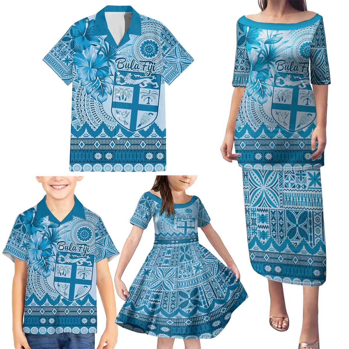 Vintage Bula Fiji Personalised Family Matching Puletasi and Hawaiian Shirt Blue Hibiscus Tapa Pattern LT9 - Polynesian Pride