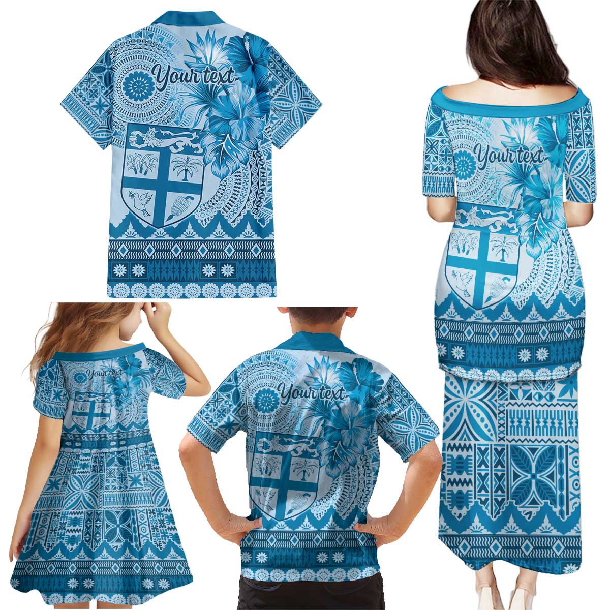 Vintage Bula Fiji Personalised Family Matching Puletasi and Hawaiian Shirt Blue Hibiscus Tapa Pattern LT9 - Polynesian Pride