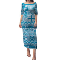Vintage Bula Fiji Personalised Family Matching Puletasi and Hawaiian Shirt Blue Hibiscus Tapa Pattern LT9 Mom's Dress Blue - Polynesian Pride