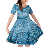 Vintage Bula Fiji Personalised Family Matching Summer Maxi Dress and Hawaiian Shirt Blue Hibiscus Tapa Pattern LT9 Daughter's Dress Blue - Polynesian Pride
