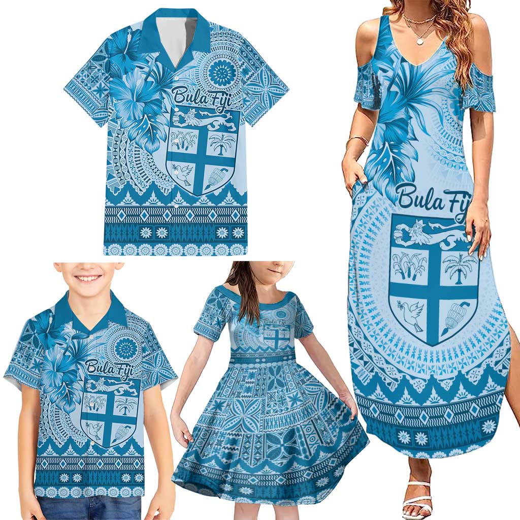 Vintage Bula Fiji Personalised Family Matching Summer Maxi Dress and Hawaiian Shirt Blue Hibiscus Tapa Pattern LT9 - Polynesian Pride