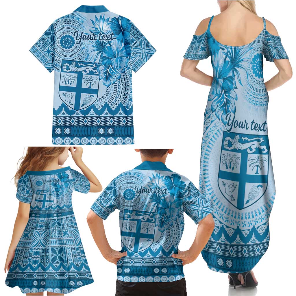 Vintage Bula Fiji Personalised Family Matching Summer Maxi Dress and Hawaiian Shirt Blue Hibiscus Tapa Pattern LT9 - Polynesian Pride