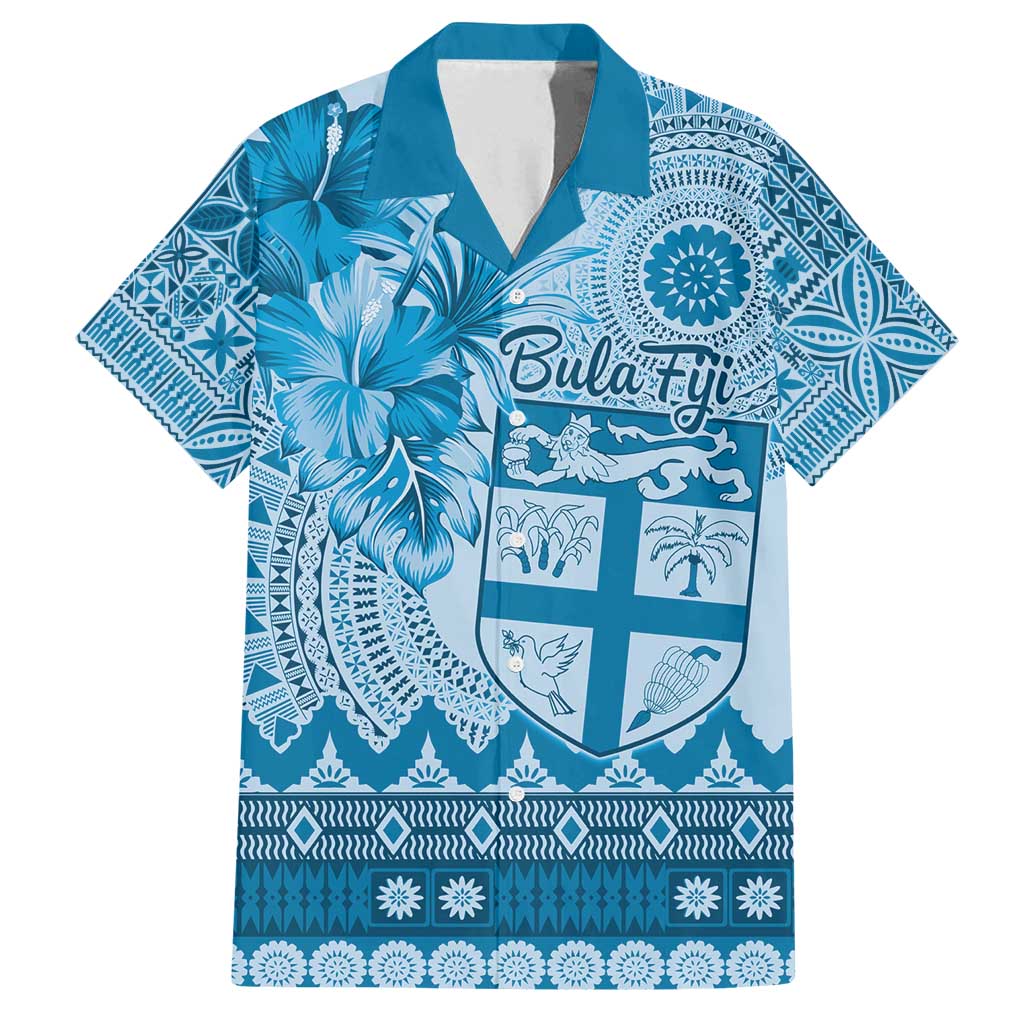 Vintage Bula Fiji Personalised Family Matching Summer Maxi Dress and Hawaiian Shirt Blue Hibiscus Tapa Pattern LT9 Dad's Shirt - Short Sleeve Blue - Polynesian Pride