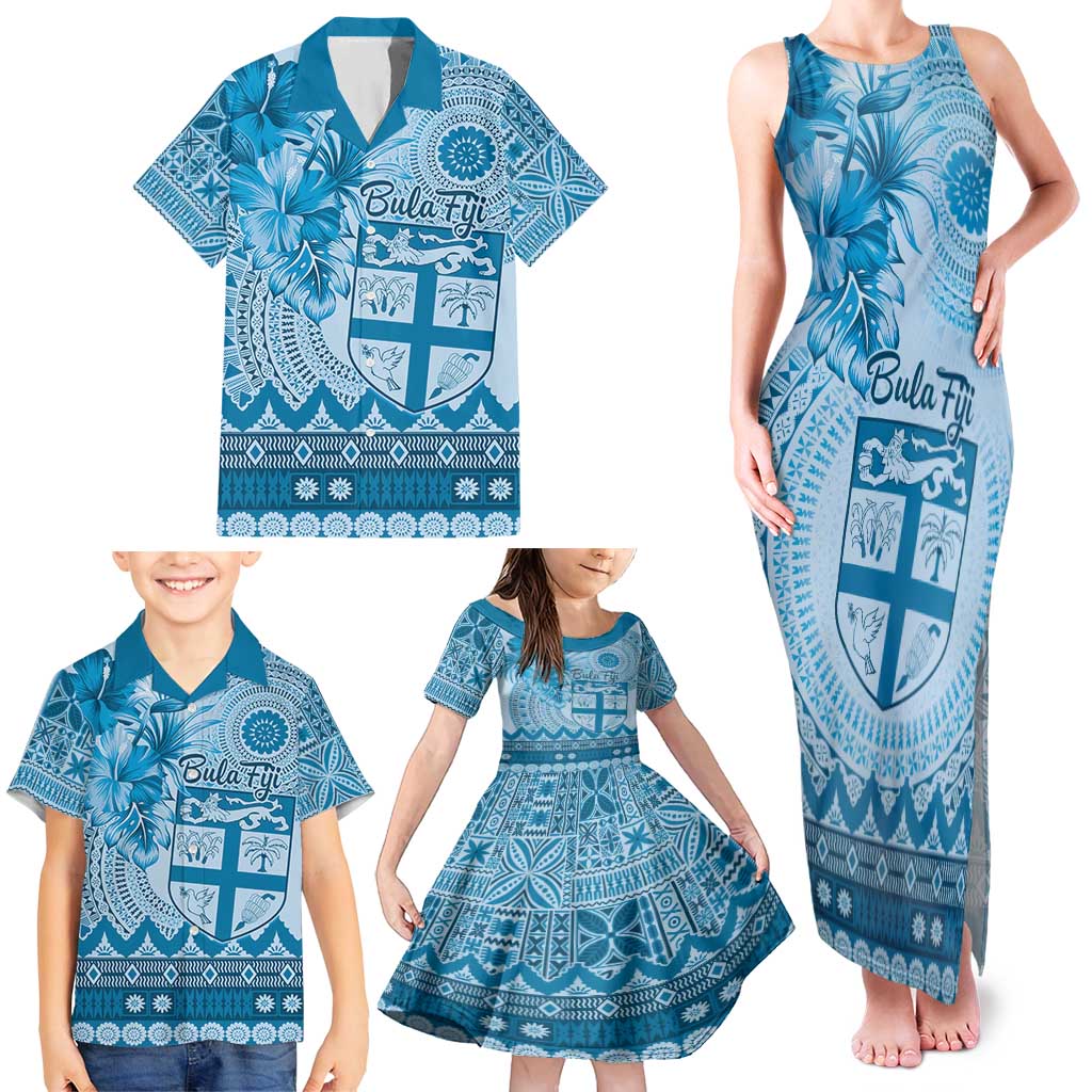 Vintage Bula Fiji Personalised Family Matching Tank Maxi Dress and Hawaiian Shirt Blue Hibiscus Tapa Pattern LT9 - Polynesian Pride