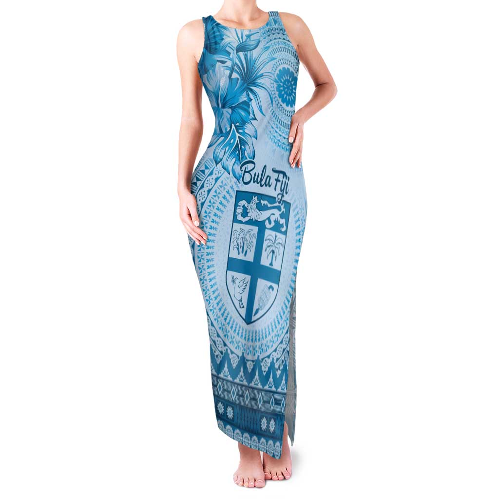 Vintage Bula Fiji Personalised Family Matching Tank Maxi Dress and Hawaiian Shirt Blue Hibiscus Tapa Pattern LT9 Mom's Dress Blue - Polynesian Pride