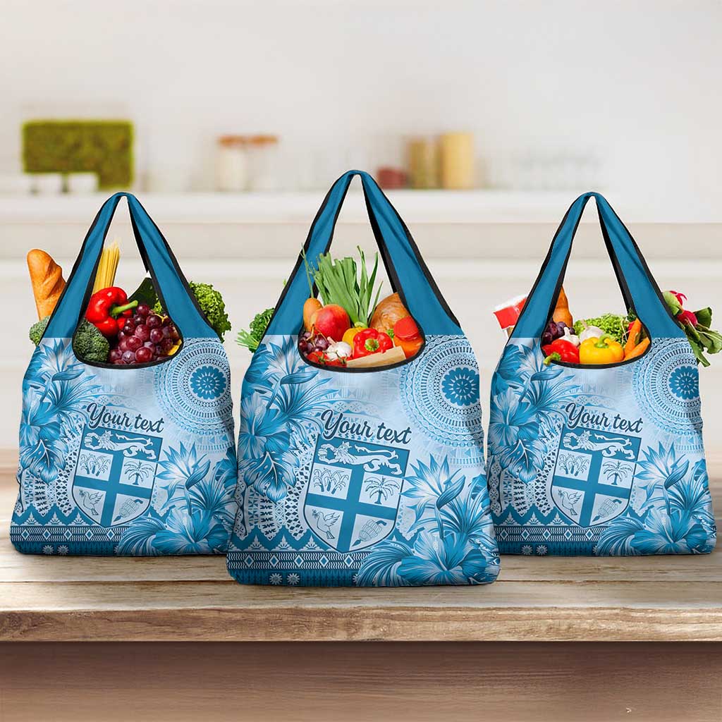 Vintage Bula Fiji Personalised Grocery Bag Blue Hibiscus Tapa Pattern LT9