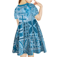 Vintage Bula Fiji Personalised Kid Short Sleeve Dress Blue Hibiscus Tapa Pattern
