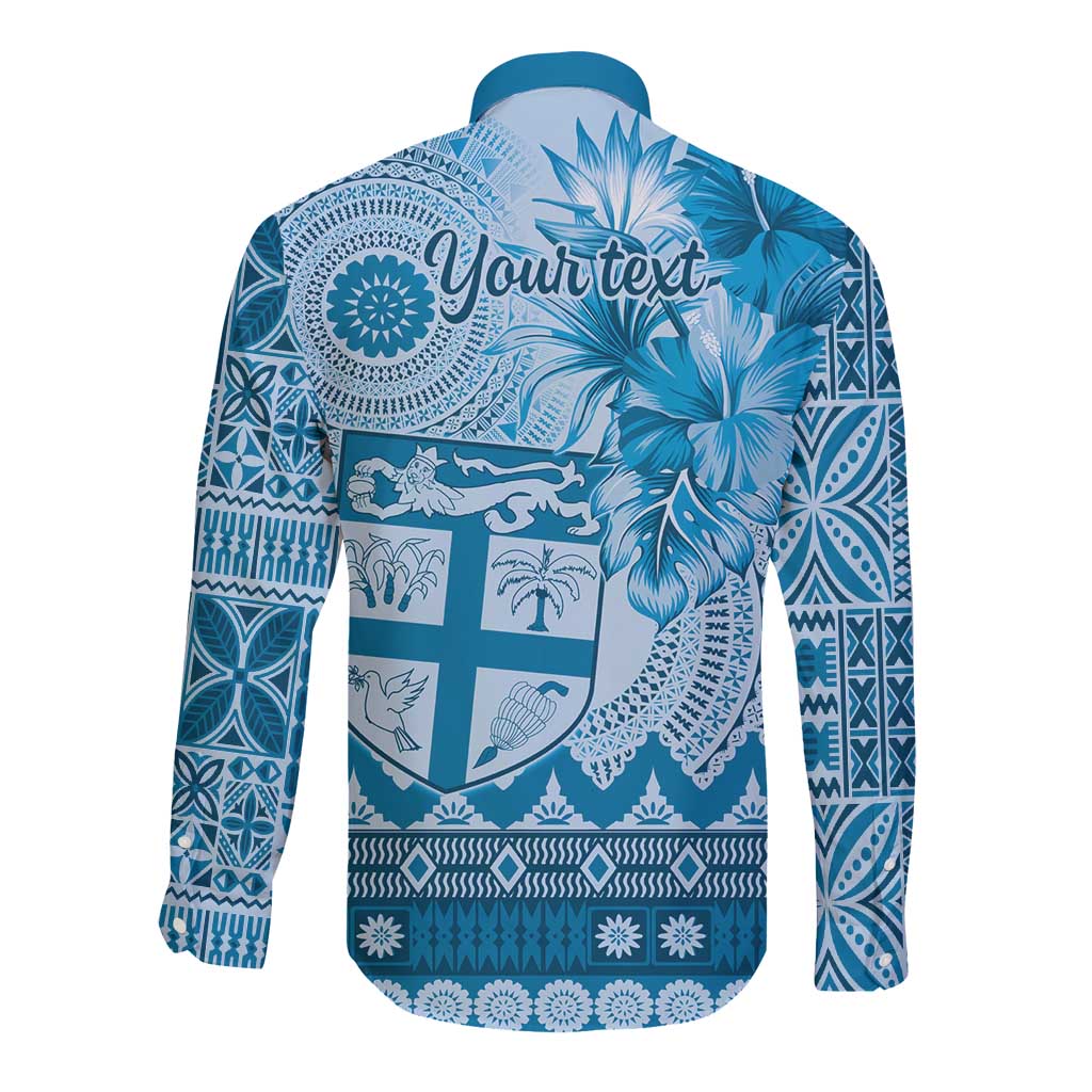 Vintage Bula Fiji Personalised Long Sleeve Button Shirt Blue Hibiscus Tapa Pattern