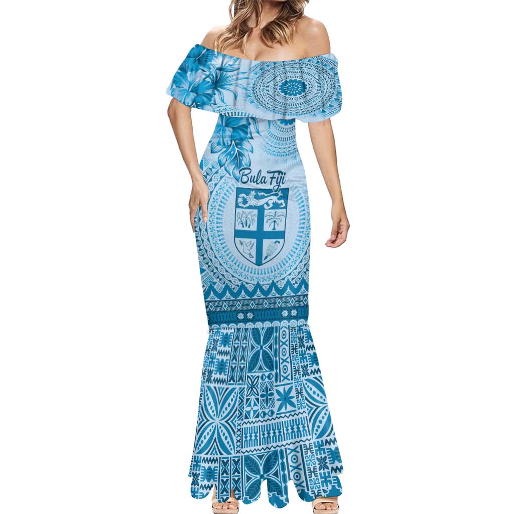 Vintage Bula Fiji Personalised Mermaid Dress Blue Hibiscus Tapa Pattern