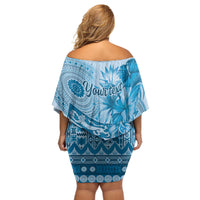 Vintage Bula Fiji Personalised Off Shoulder Short Dress Blue Hibiscus Tapa Pattern