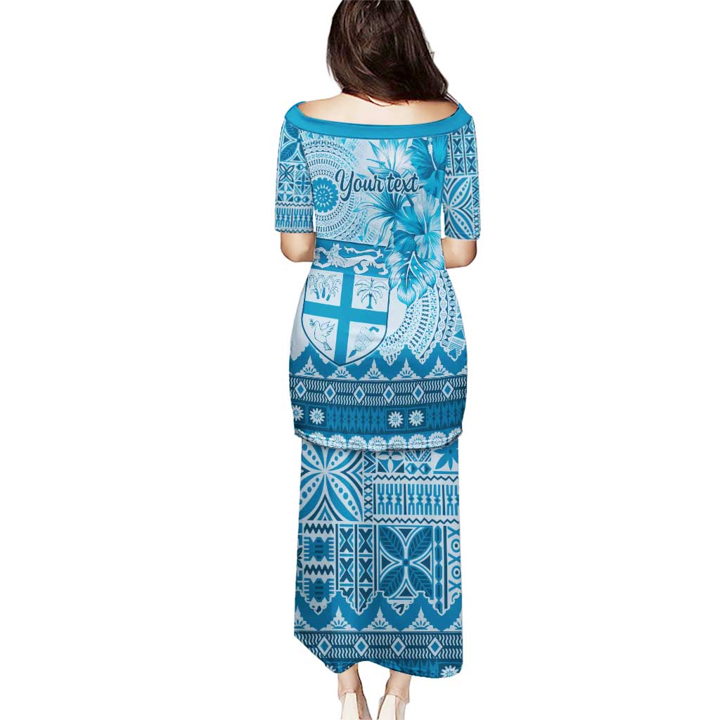 Vintage Bula Fiji Personalised Puletasi Blue Hibiscus Tapa Pattern LT9 - Polynesian Pride