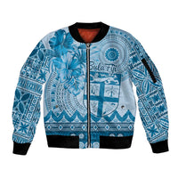 Vintage Bula Fiji Personalised Sleeve Zip Bomber Jacket Blue Hibiscus Tapa Pattern